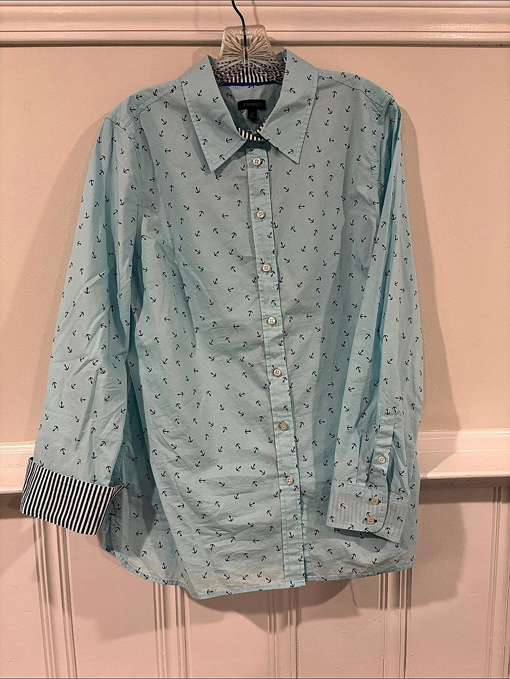 Talbots Classic Cotton Shirt - Anchor Print Blue Medium